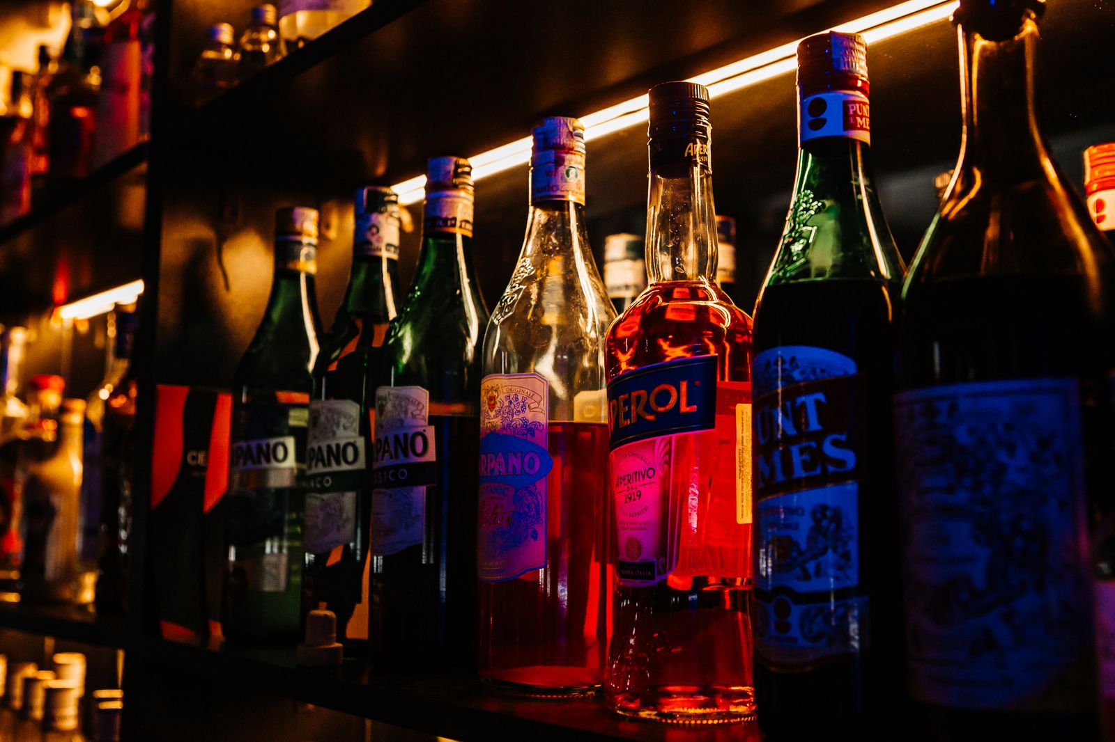 Qube Cocktail Bar — wall of vermouth and spirits, Batumi Georgia